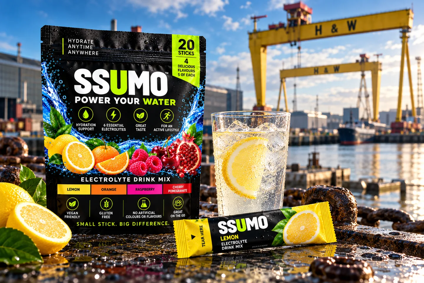 SSUMO Hydrate bag and stick by the Harland & Wolff cranes in Belfast
